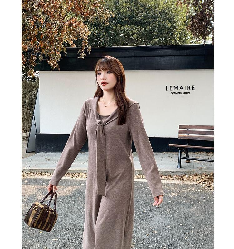 Long-Sleeve Tie-Neck Plain Midi A-Line Dress Product Image