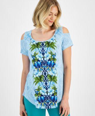 Jm Collection Womens Printed Cold-Shoulder Short-Sleeve Top, Created for Macys Product Image