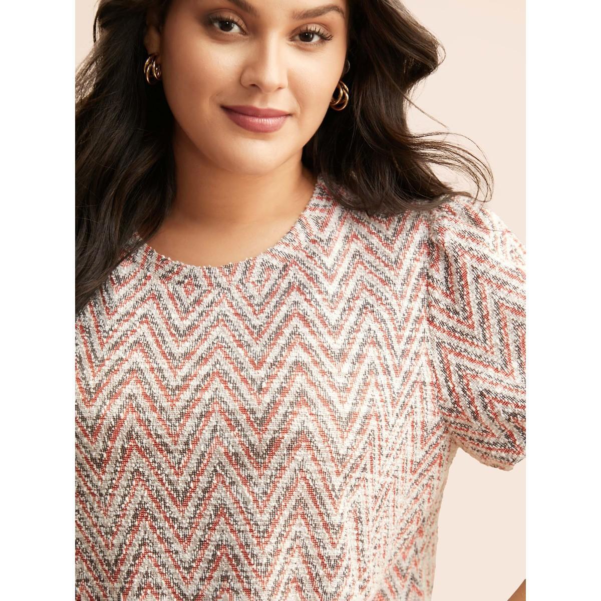 Plus Size Textured Round Neck Lantern Sleeve T-shirt Brightred Women Elegant Texture Round Neck Everyday T-shirts BloomChic 12/L Product Image