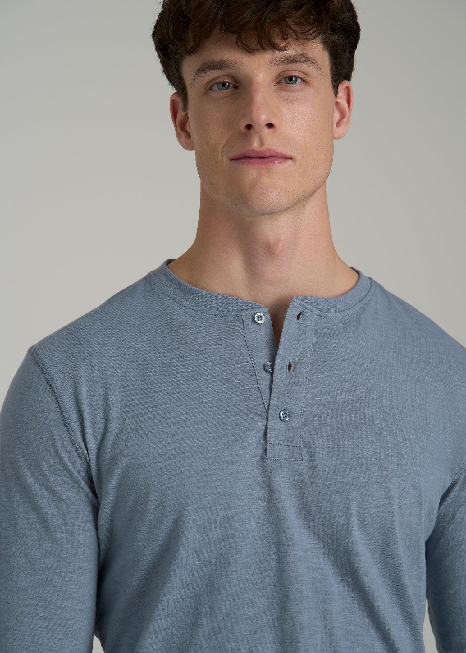 Three-Button Long Sleeve Slub Henley for Tall Men in Chambray Male Product Image