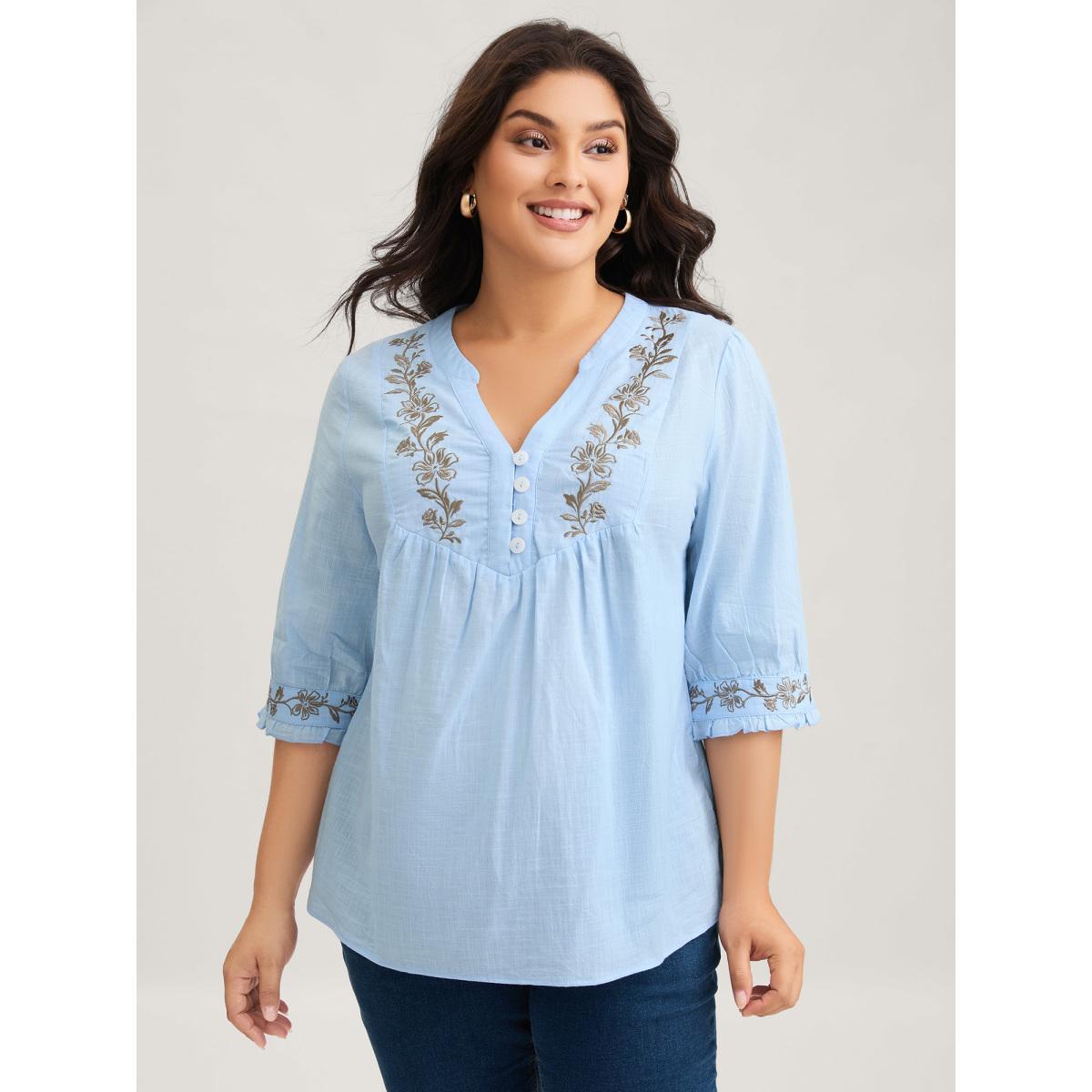 Plus Size LightBlue Cotton Floral Embroidered Notched Collar Frill Trim Blouse Women Leisure Elbow-length sleeve Stand-up collar Casual Blouses BloomChic 22-24/3X Product Image