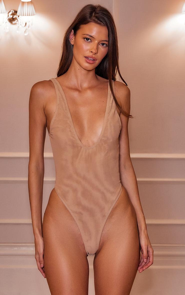 Tan Mesh Plunge Bodysuit Product Image