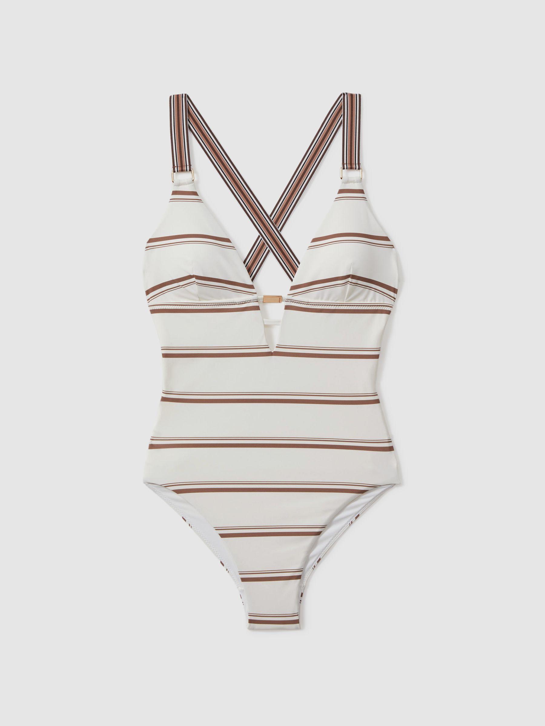 Striped Cross-Back Swimsuit in Cream/Brown Product Image