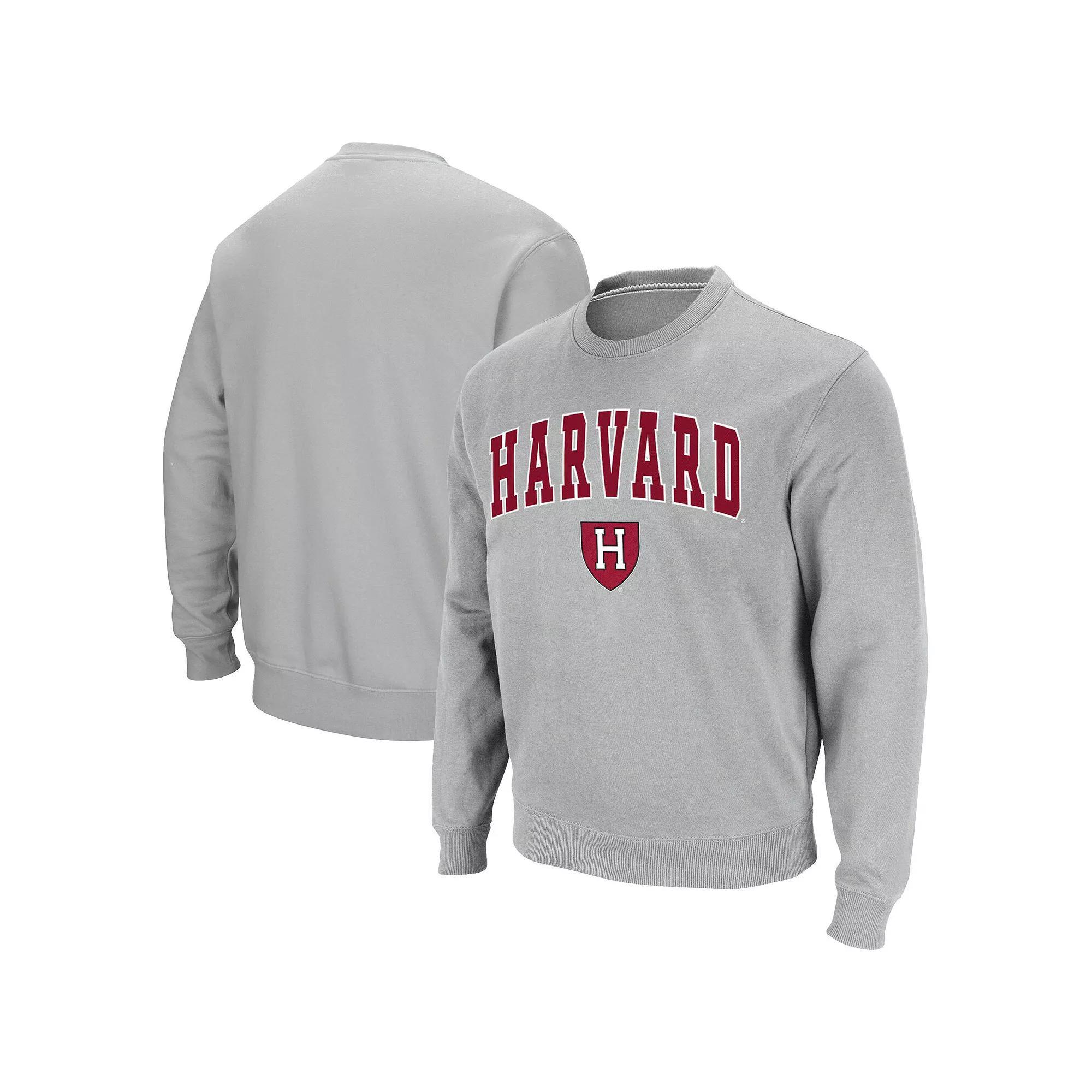 Men's Colosseum Gray Harvard Crimson Team Arch & Logo Tackle Twill Pullover Sweatshirt,  Product Image