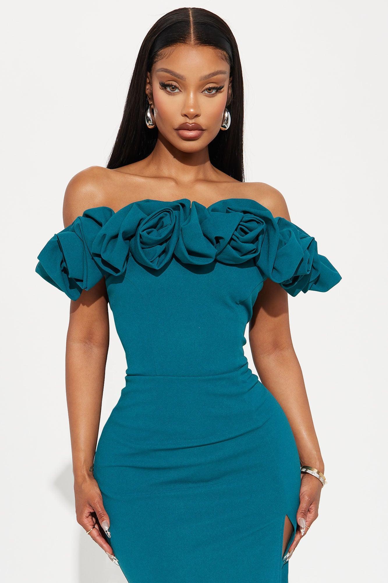 Ericka Floral Off Shoulder Gown - Teal Product Image