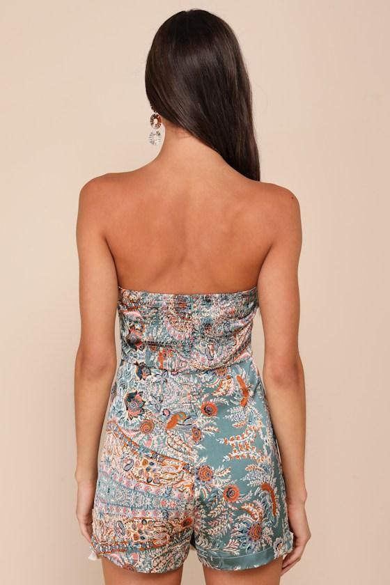 Bohemian Perfection Teal Boho Floral Strapless Tasseled Romper Product Image