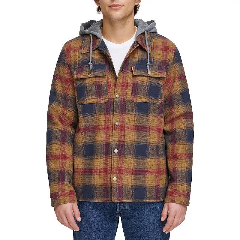 Men's Levi's® Plaid Fleece Hooded Shirt Jacket, Size: XXL, Red Gold Plaid Product Image