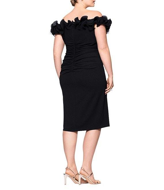 Xscape Plus Size Scuba Crepe V-Neck Sleeveless Wire Ruffle Trim Ruched Back Midi Dress Product Image