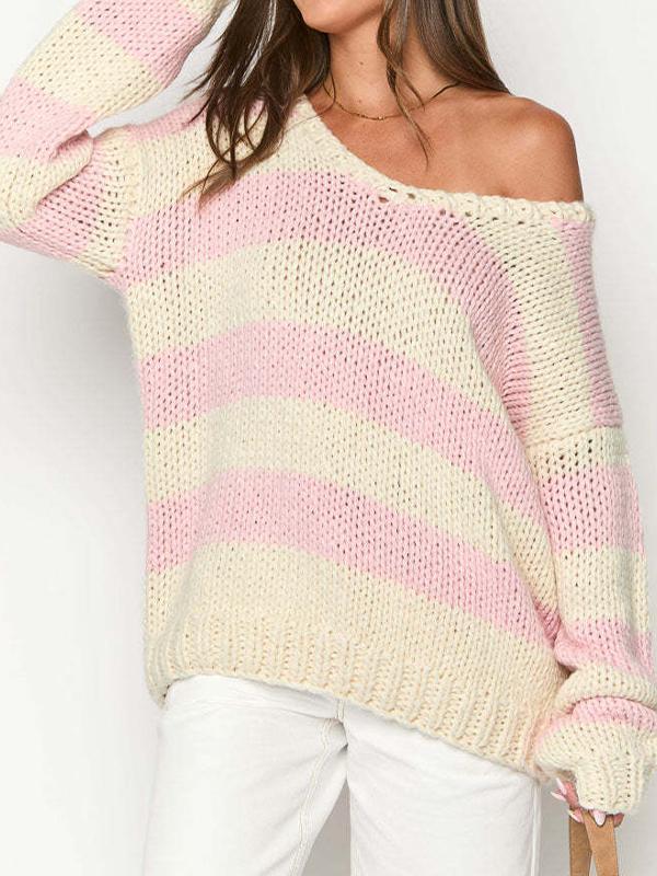 Off The Shoulder Striped Print Oversized Sweaters Product Image