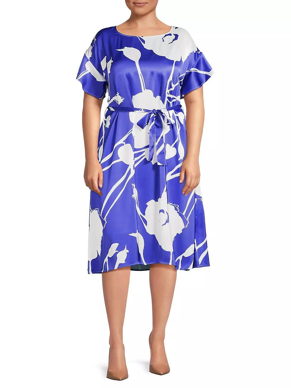 Plus Floral Crêpe De Chine Belted Shift Midi-Dress Product Image