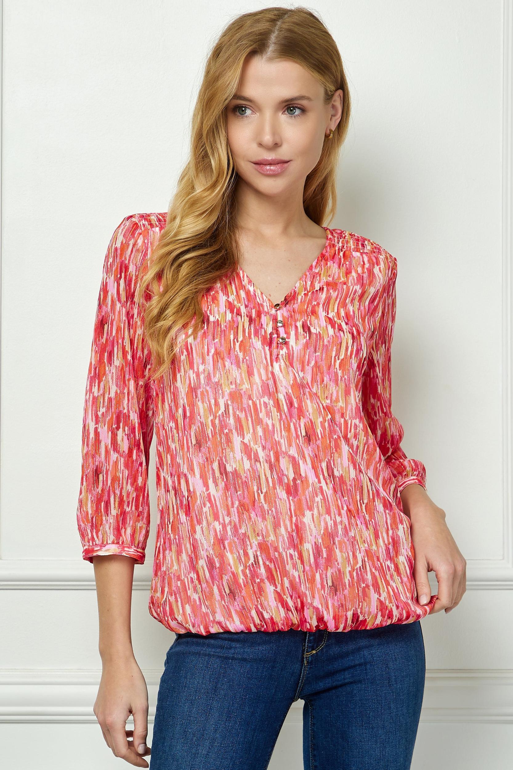 3/4 Button Cuff Sleeve 3 Button V-Neck Smock Shoulder Popover Lined Bubble Blouse Product Image