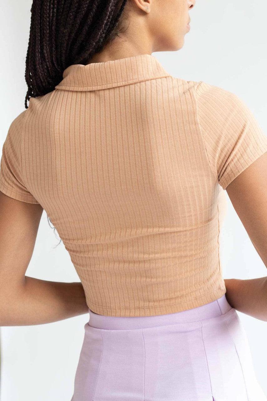 Taupe Ribbed Button Up Tee Product Image