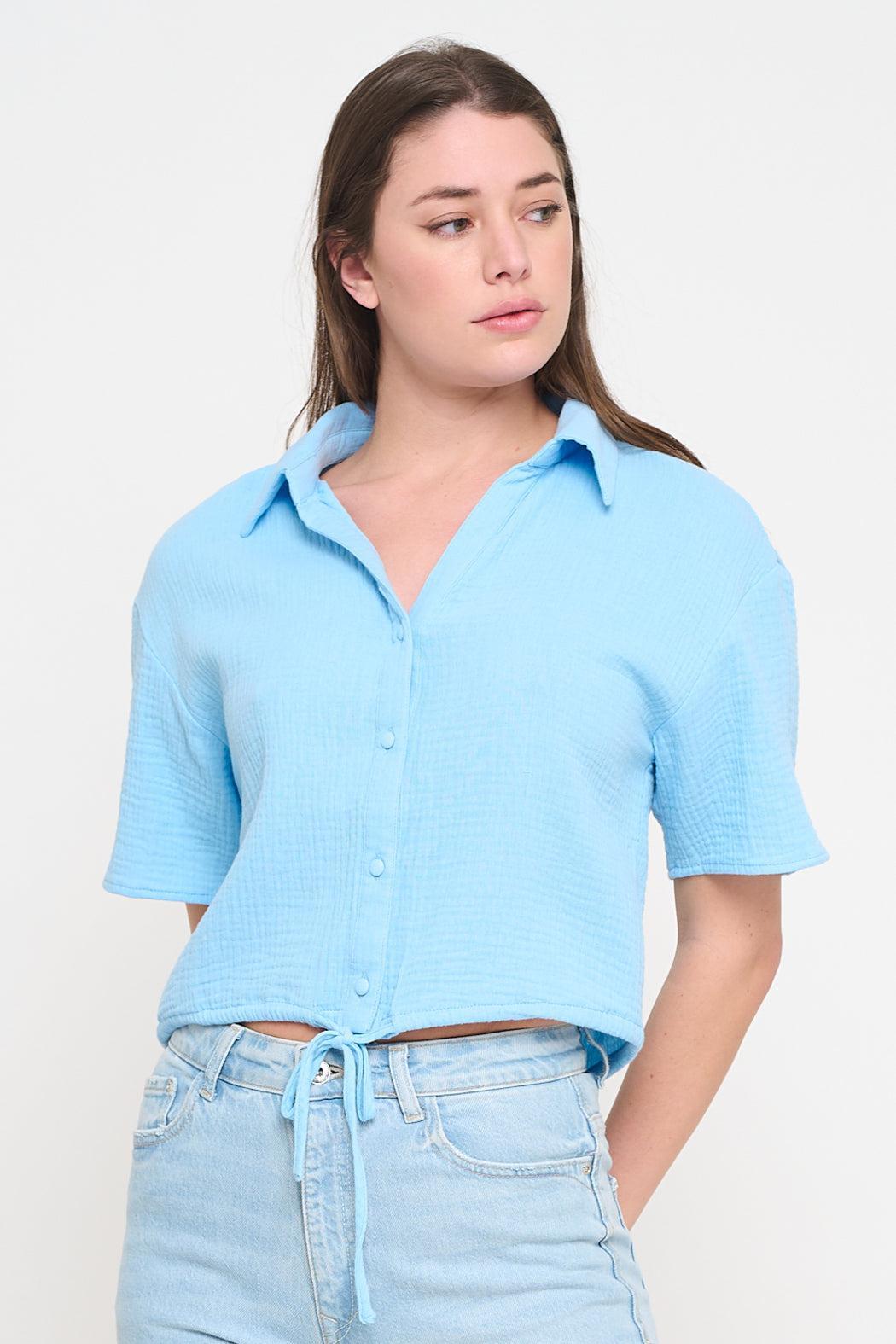 Gauze Button-Up Tie Front Shirt Product Image