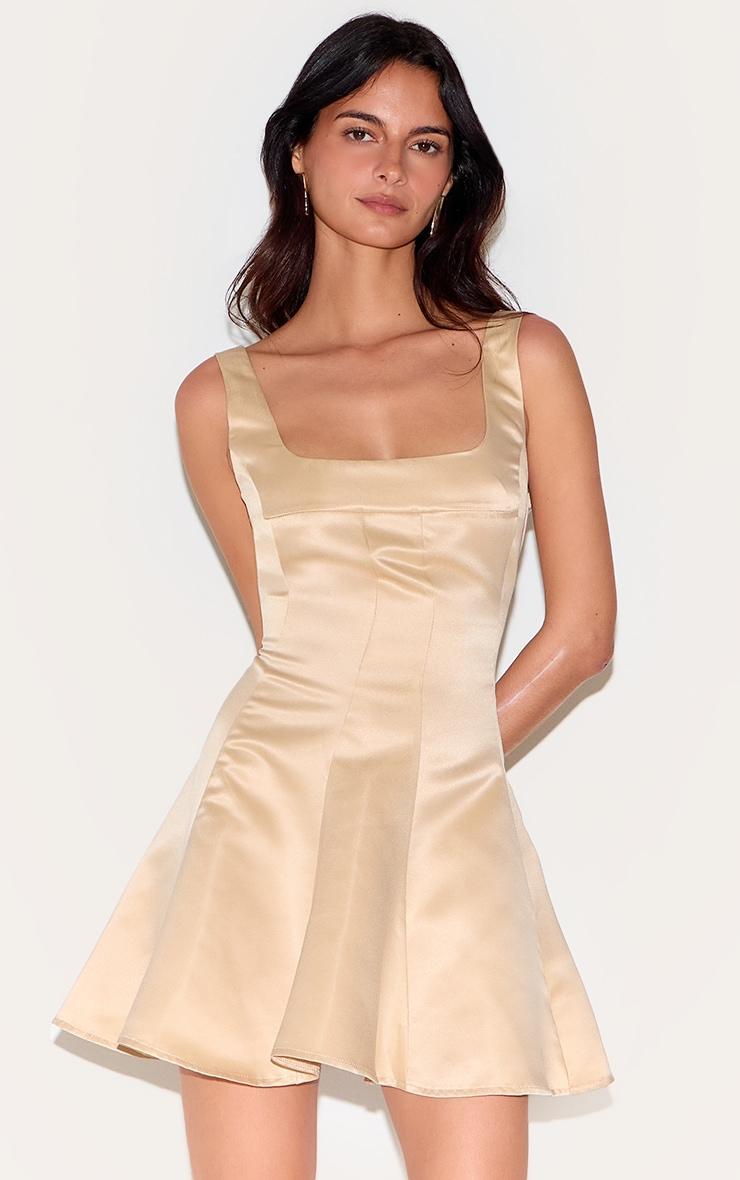 Almond Satin Square Neck Pleated Shift Dress Product Image