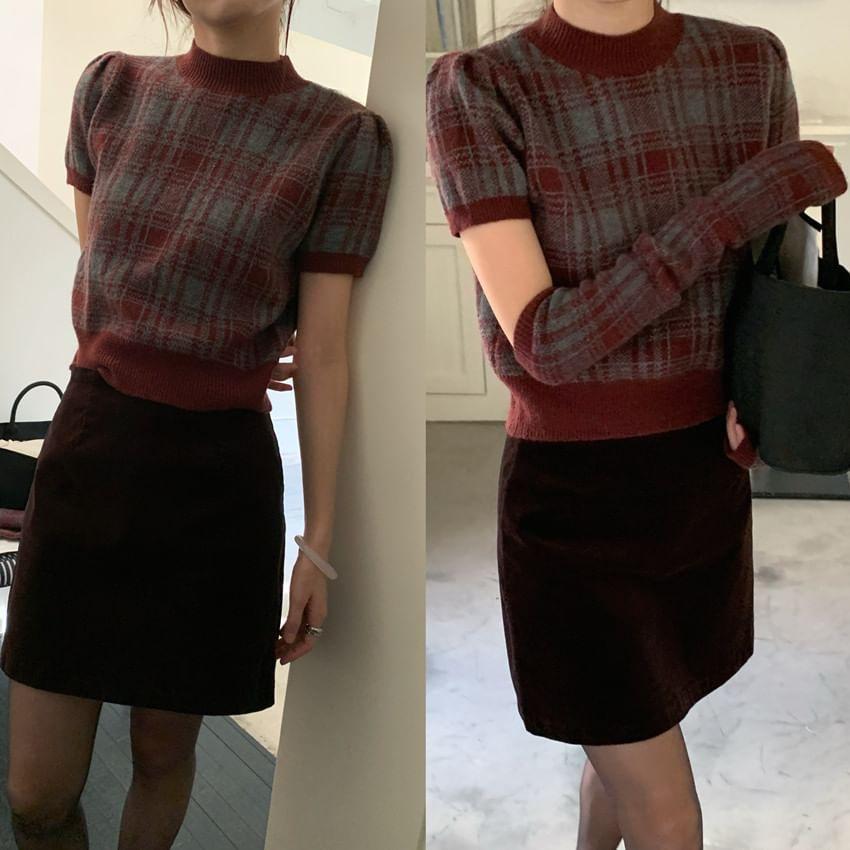 Set: Short Sleeve Mock Neck Plaid Knitted Top + Arm Sleeves Product Image