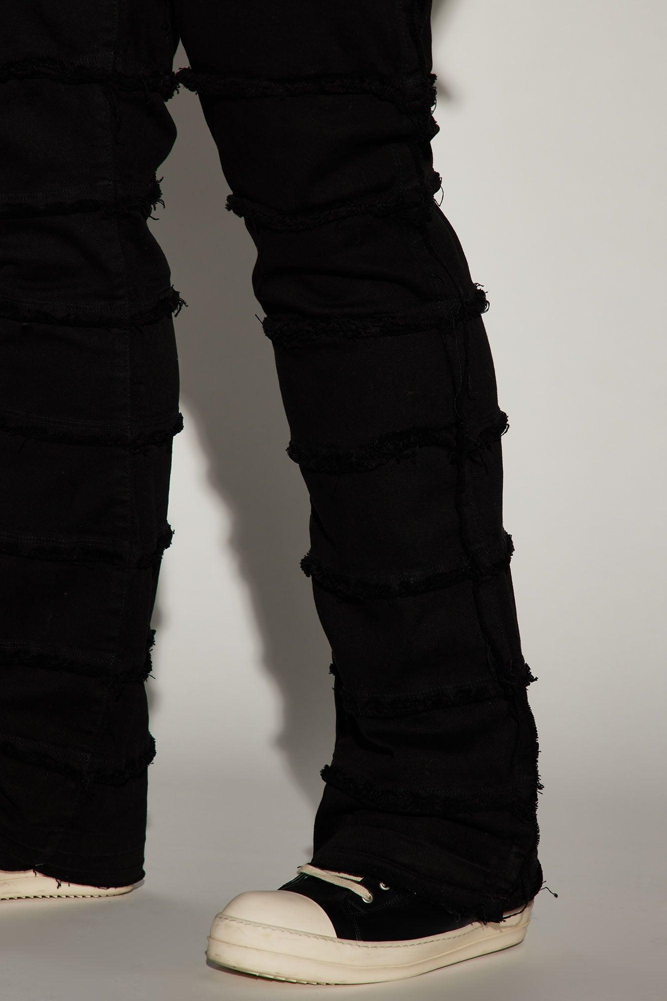 Square Pockets Fray Stacked Skinny Flare Pants - Black Product Image