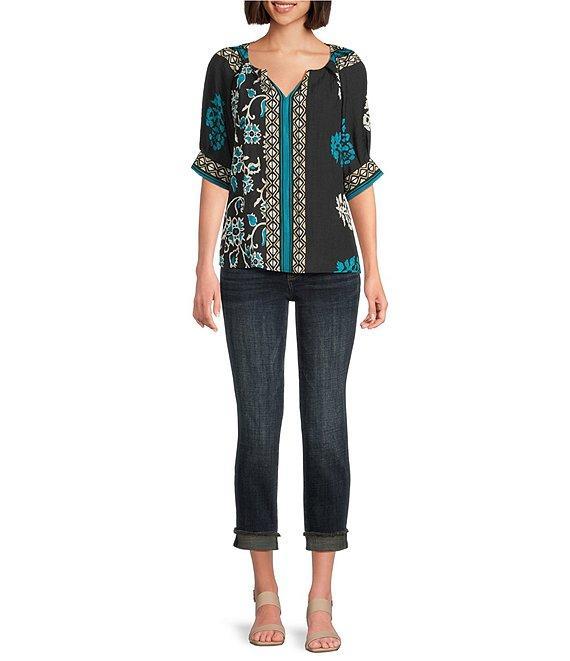 Tru Luxe Jeans Floral Border Print Split V-Neck Elbow Sleeve Top Product Image