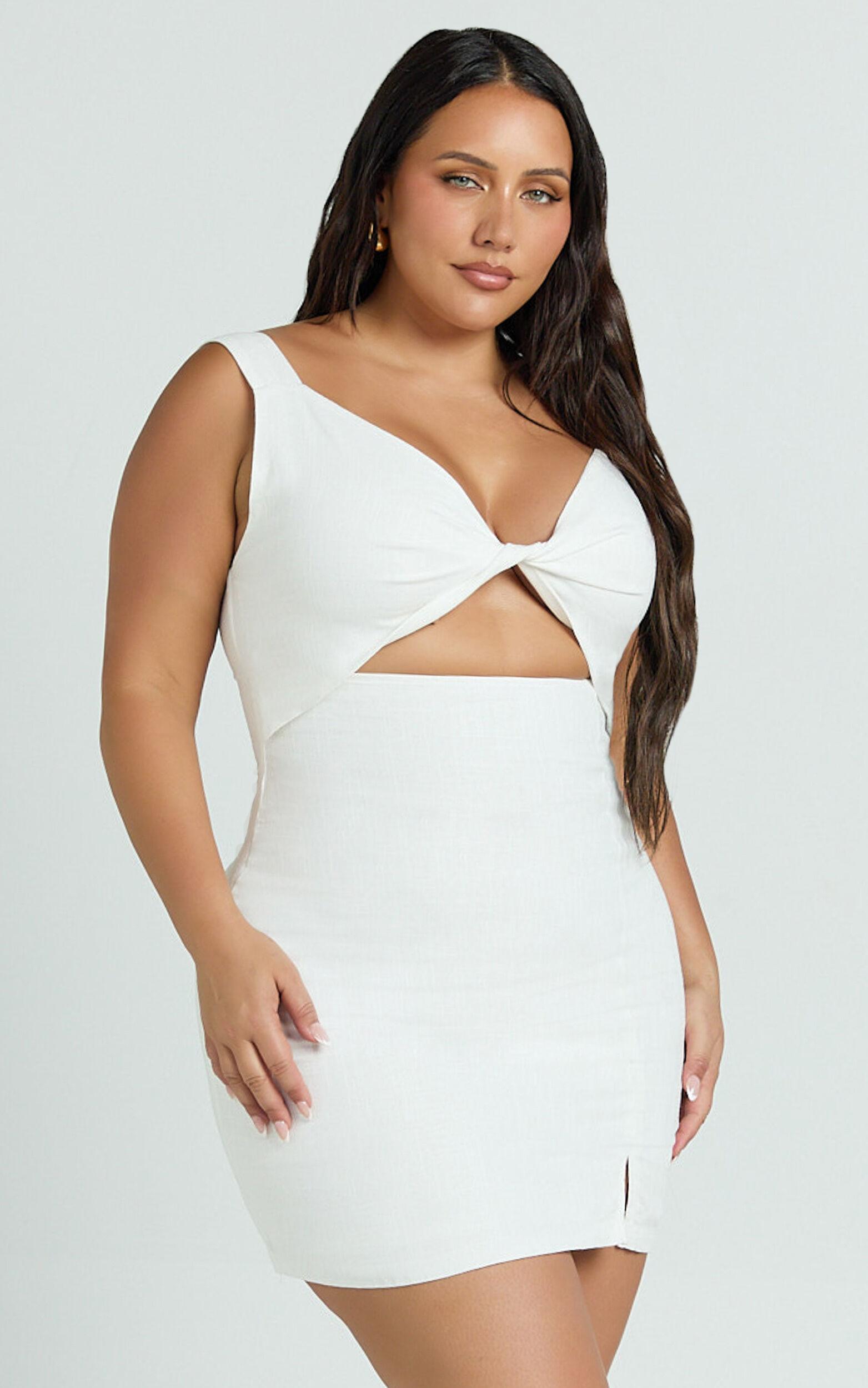 Finnley Mini Dress - Linen Twist Front Cut Out Dress in White Product Image