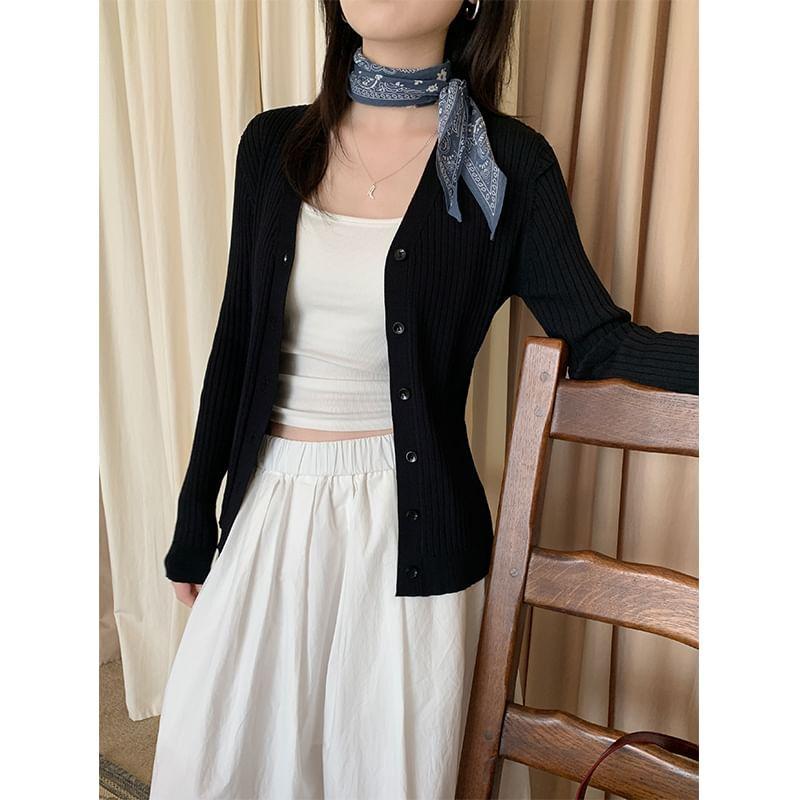 V-Neck Plain Ribbed Cardigan Product Image