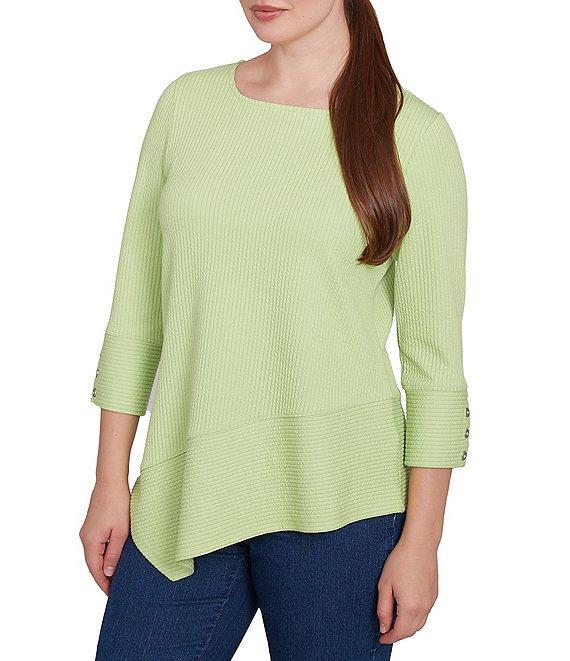 Ruby Rd. Knit Cable Stripe Square Neck 3/4 Sleeve Asymmetric Hem Top Product Image