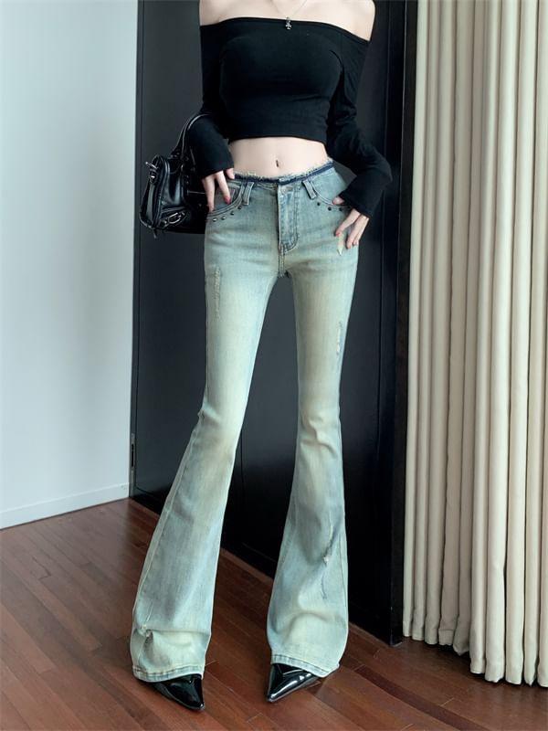 Low Rise Ripped Frayed Washed Bootcut Jeans Product Image