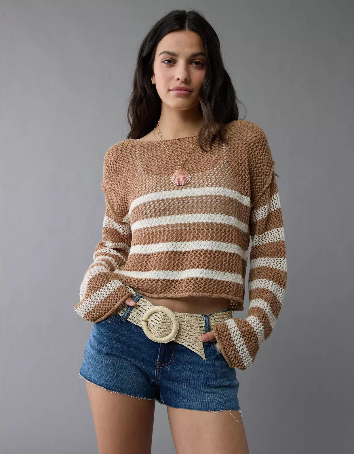 AE Off The Shoulder Crochet Sweater Product Image