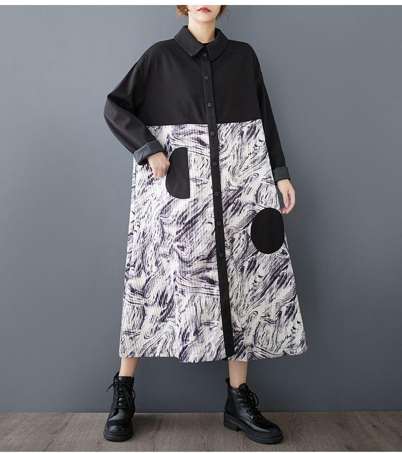 Collared Patterned Print Panel Midi Button Jacket Product Image