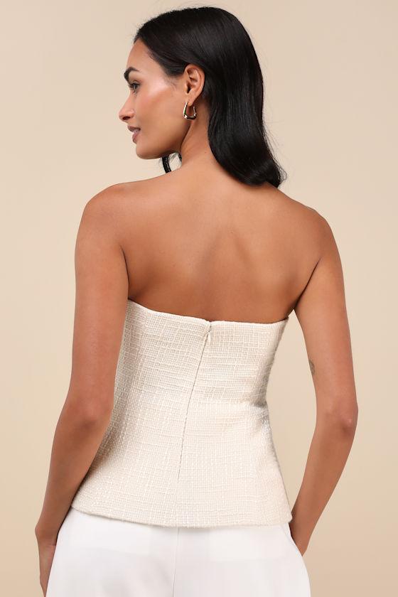 Sweetened Attitude Cream Tweed Strapless Peplum Top Product Image
