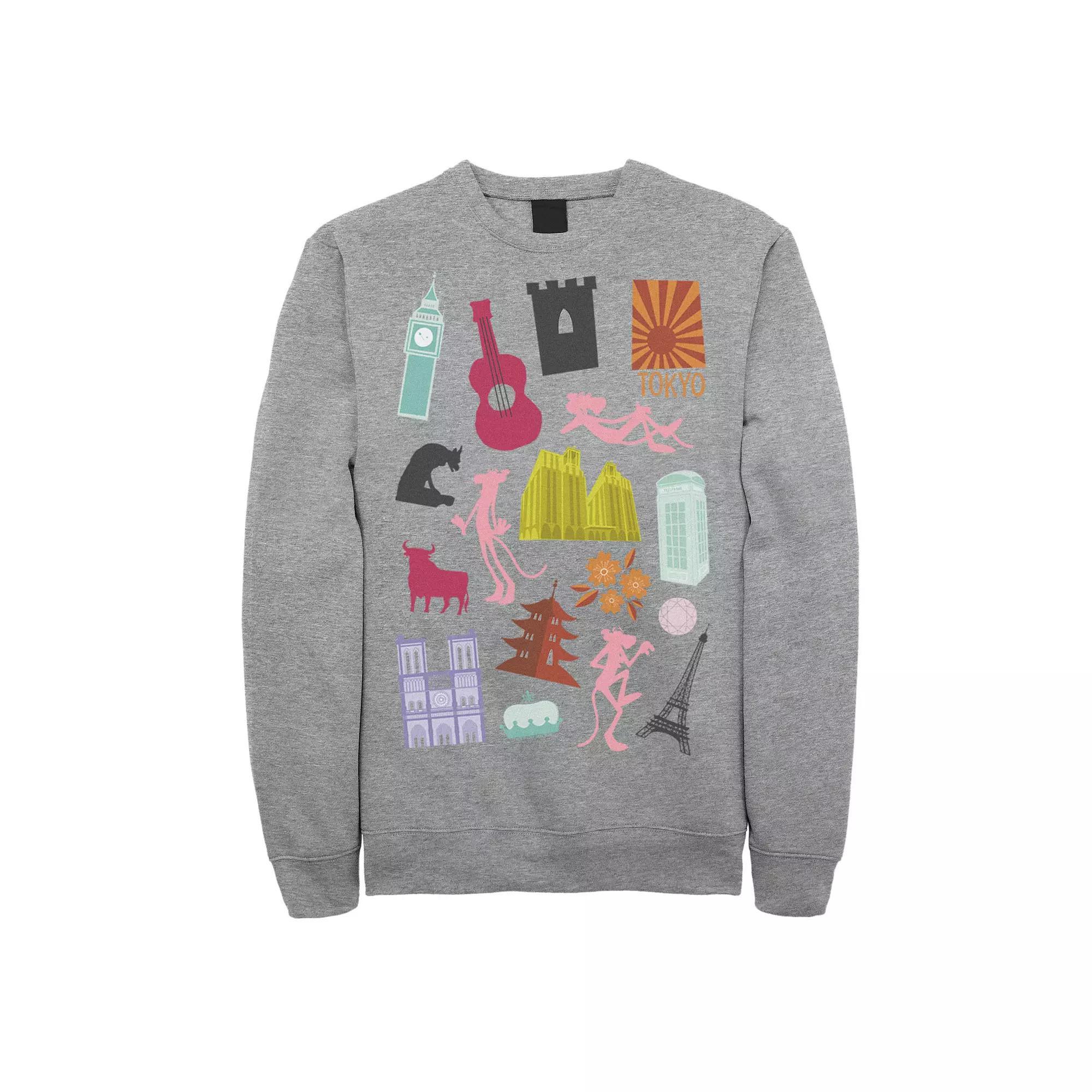 Men's Pink Panther Around The World Doodles Sweatshirt, Size: 3XL, Athletic Grey Product Image