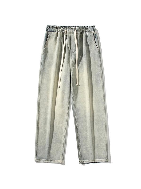 Men's Wash Elastic Waist Drawstring Loose Jeans Product Image