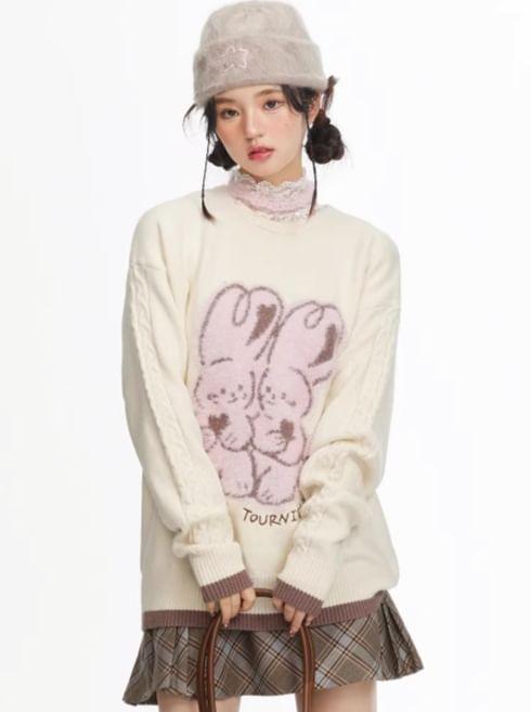 Long Sleeve Rabbit Print Loose-Fit Sweater Product Image