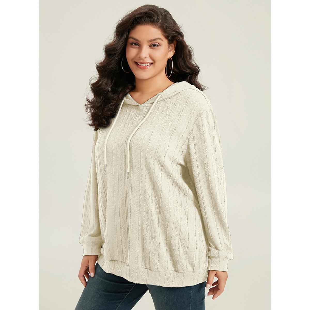 Plus Size Plain Textured Hooded Drawstring Sweatshirt Women White Casual Elastic cuffs Hooded Everyday Sweatshirts BloomChic 22-24/3X Product Image