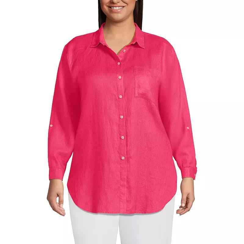 Plus Size Lands' End Linen Roll Sleeve Relaxed-Fit Tunic, Women's, Size: 3XL, Rouge Pink Product Image