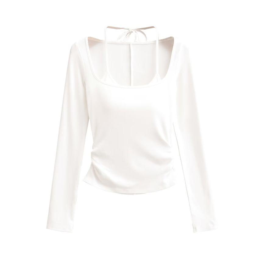 Long Sleeve Halter Plain Mock Two Piece Ruched Padded T-Shirt Product Image