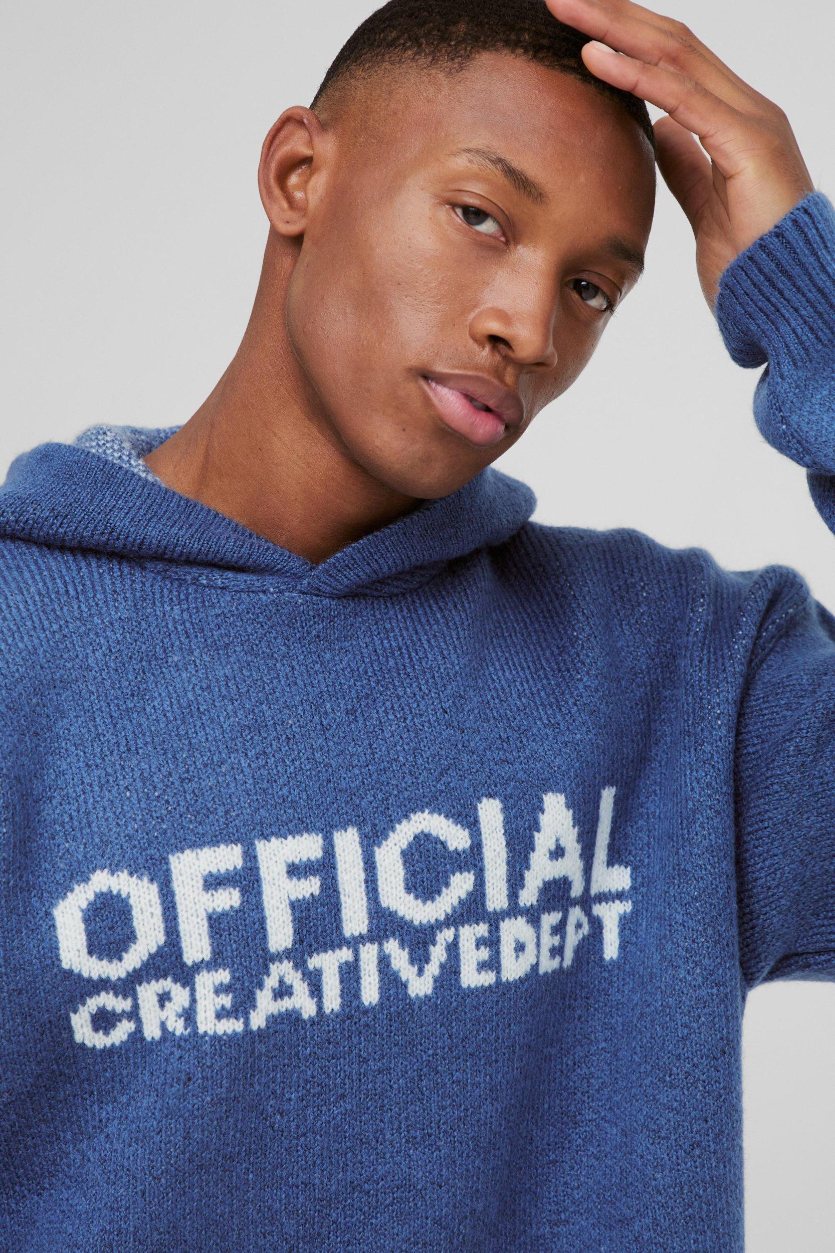 Oversized Boxy Official Slogan Knit Hoodie | boohooMAN USA Product Image