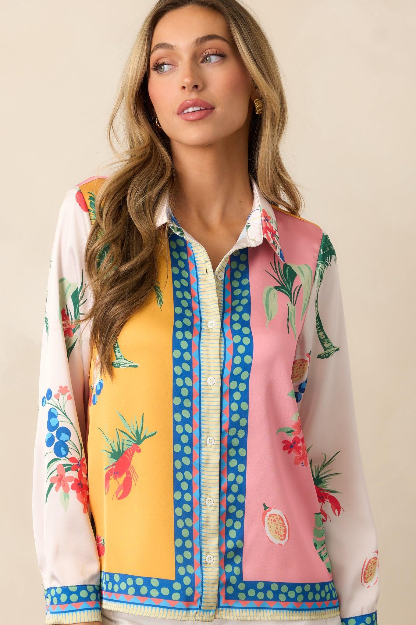 Breathing Deep Yellow Colorblock Coastal Print Drawstring Pants Product Image