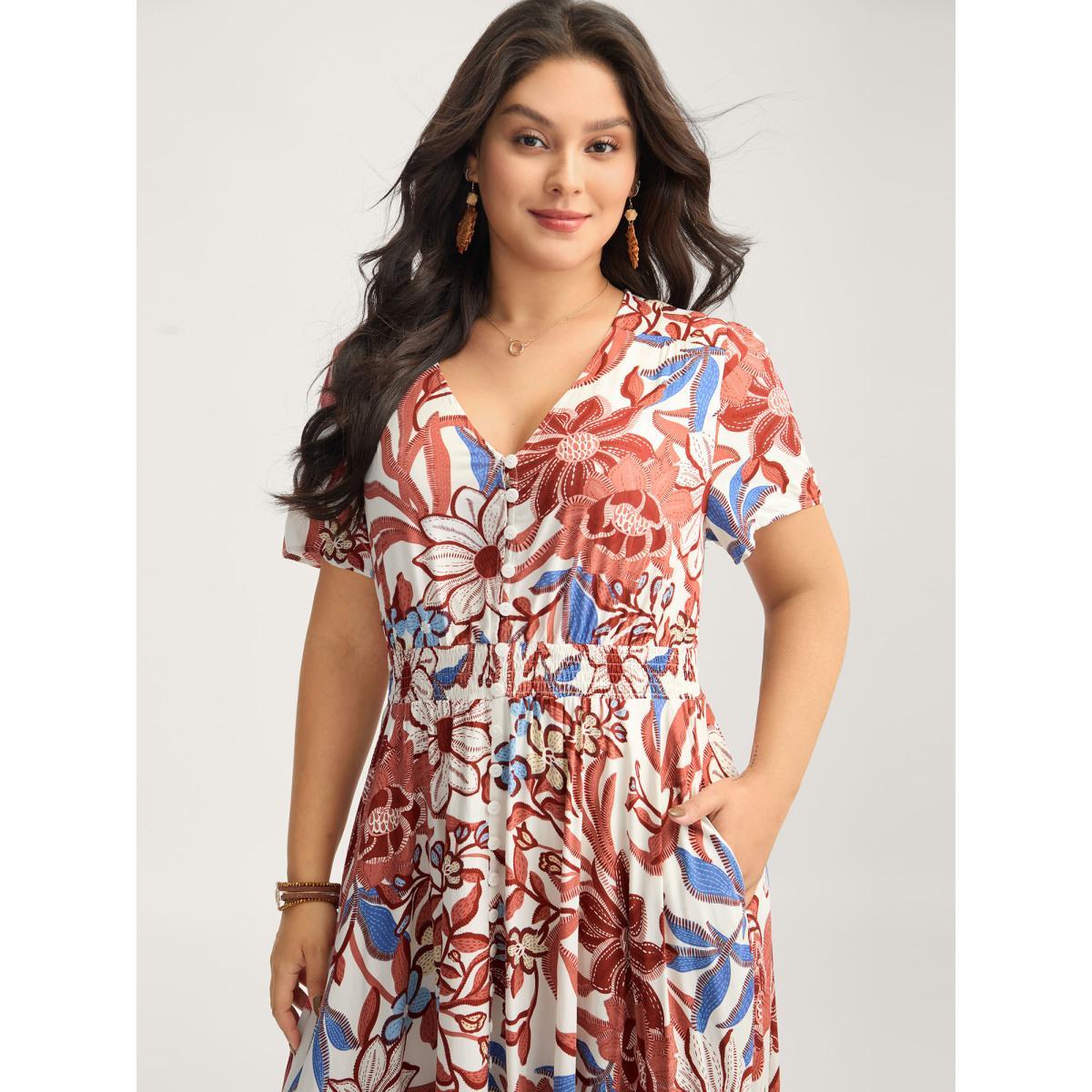 Plus Size Large Floral Print Button Placket Midi Dress Multicolor Women V-neck Short sleeve Curvy BloomChic 10/M Product Image