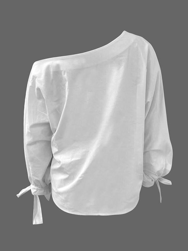 Long Sleeves Loose Asymmetric Solid Color Tied One-Shoulder Blouses&Shirts Tops Product Image