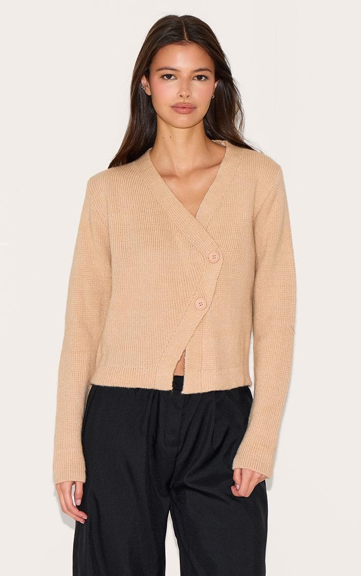 Oatmeal Knit Asymmetric Button Up Cardigan Product Image