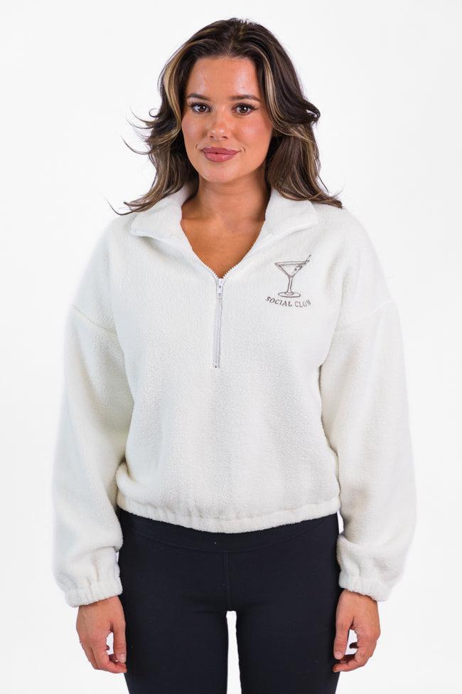 After Hours Ivory and Taupe Social Club Martini Embroidered Fleece Pullover FINAL SALE Product Image