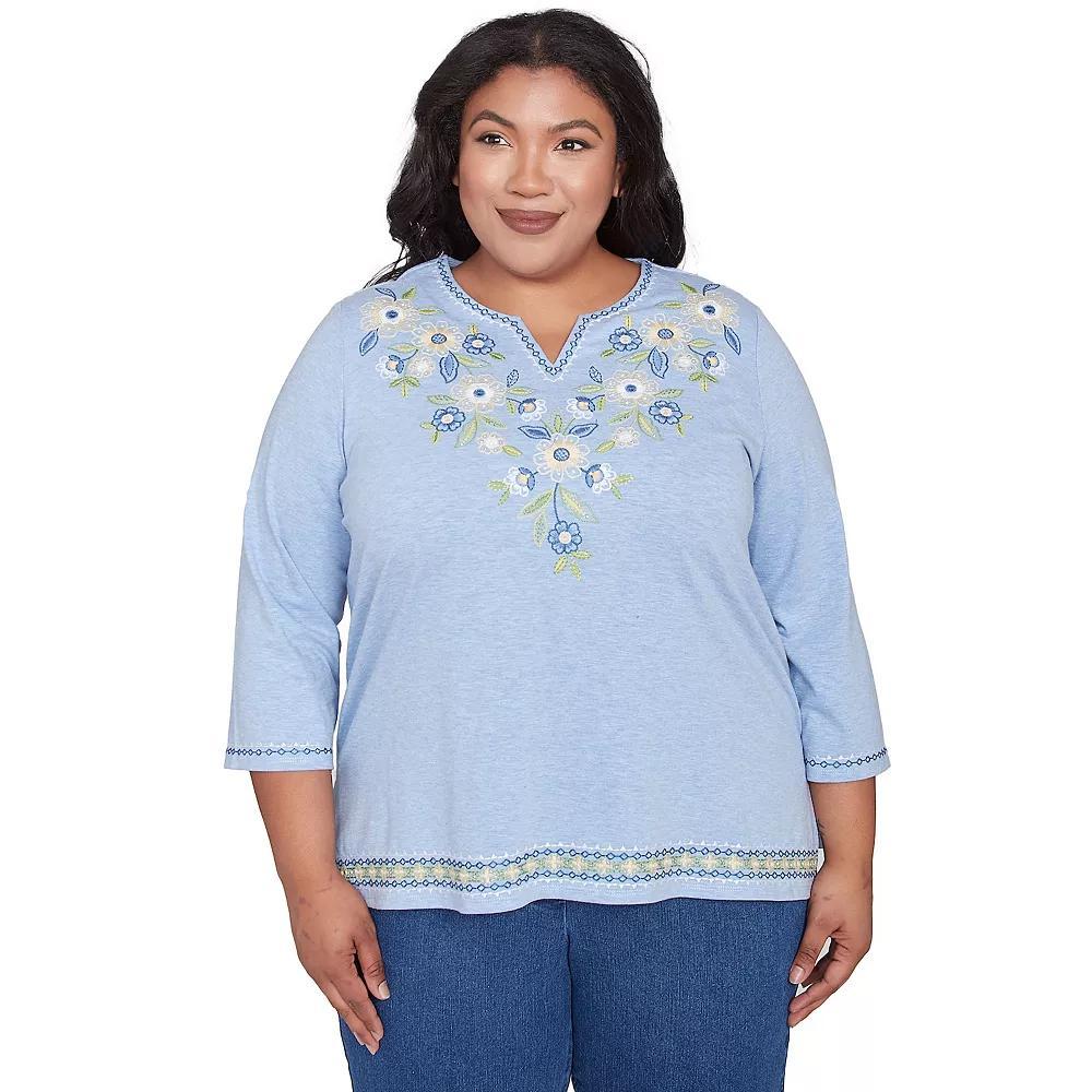 Plus Size Alfred Dunner Embroidered Daisy Split Neckline Top, Women's, Size: 3XL, Blue Product Image