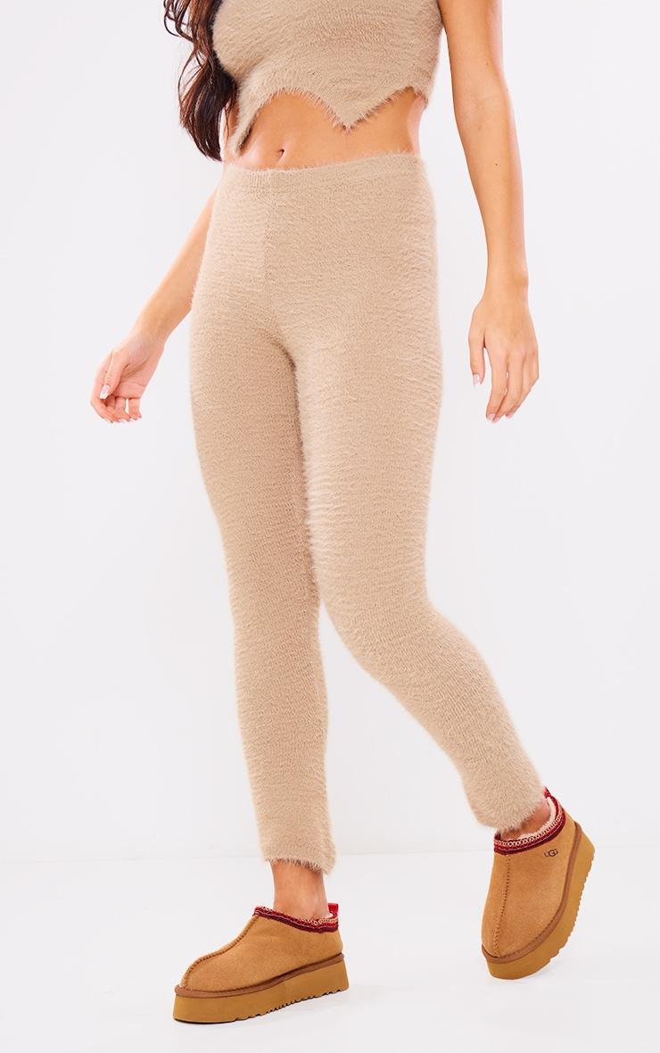 Beige Eyelash Knit Flared Hem Leggings Product Image