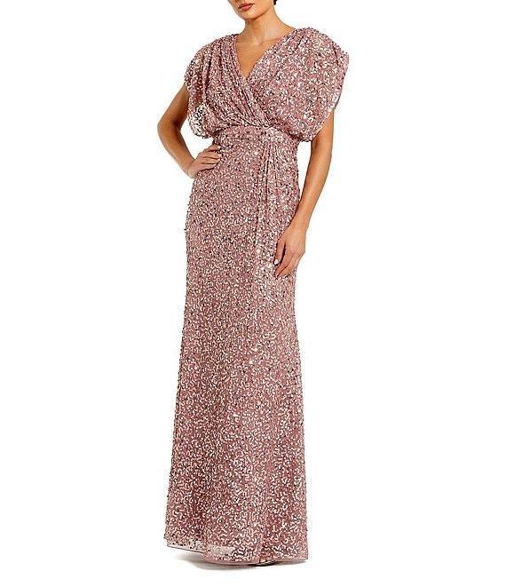 Mac Duggal Sequin Surplice V-Neck Draped 3/4 Sleeve Blouson Bodice Sheath Gown Product Image