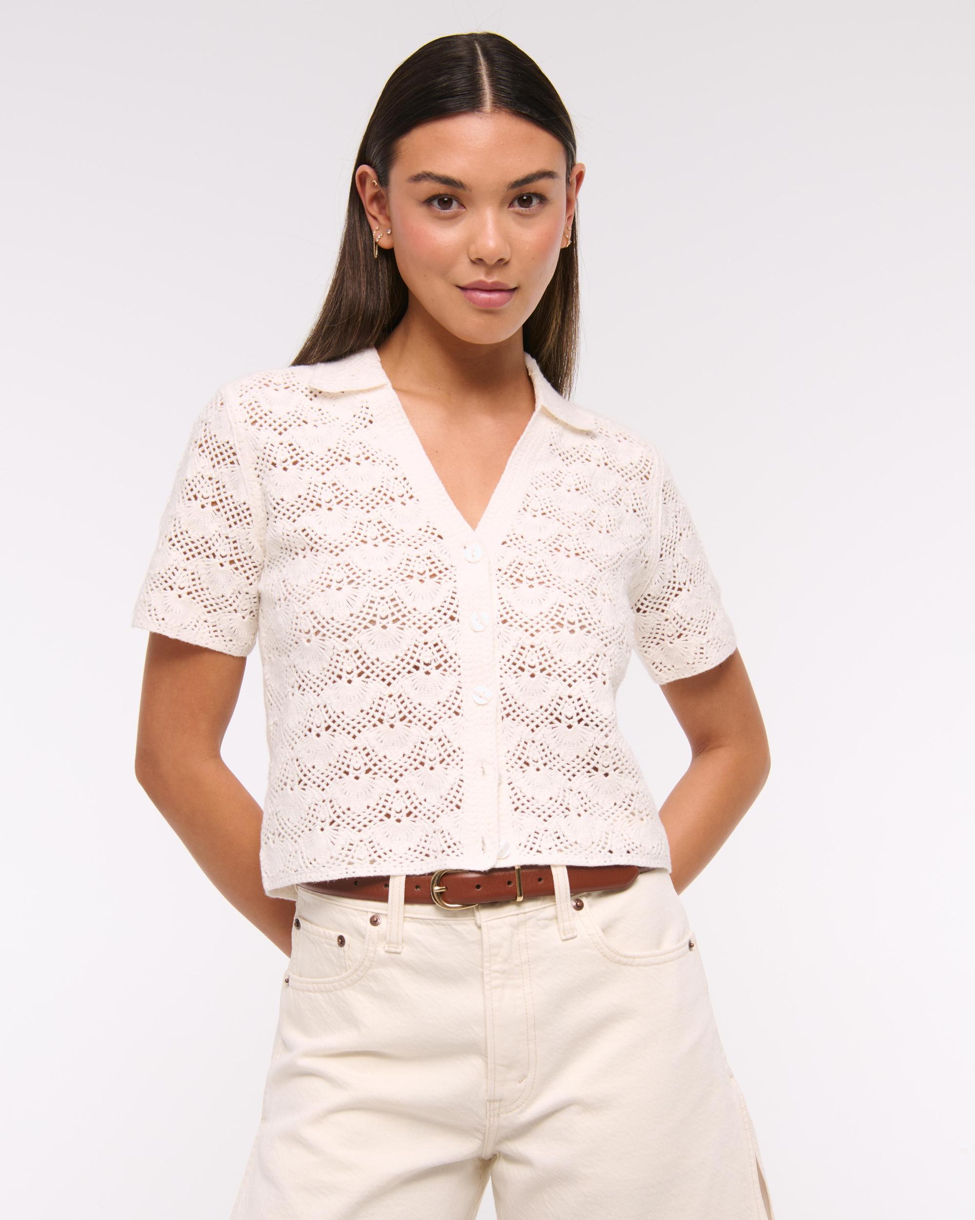Short-Sleeve Crochet-Style Polo Product Image