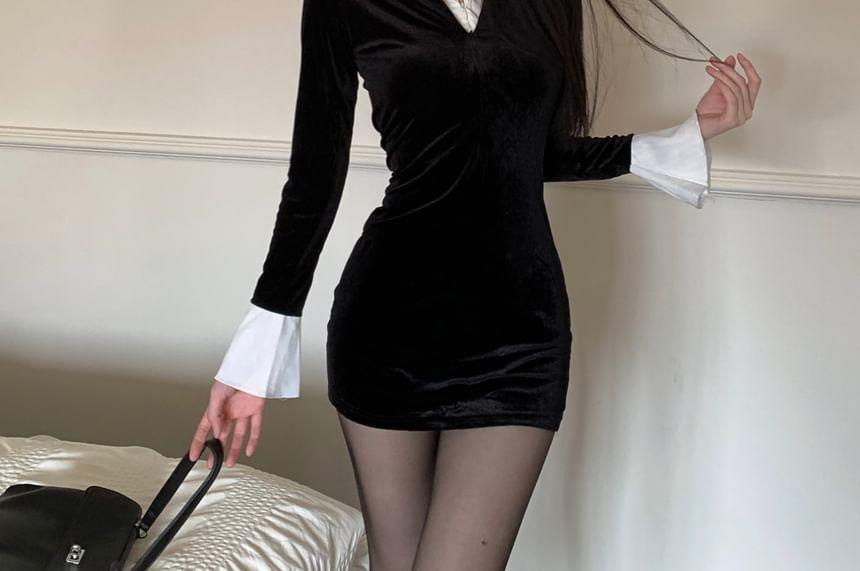 Mock Two-Piece Long-Sleeve Collar Two Tone Velvet Mini Sheath Dress Product Image