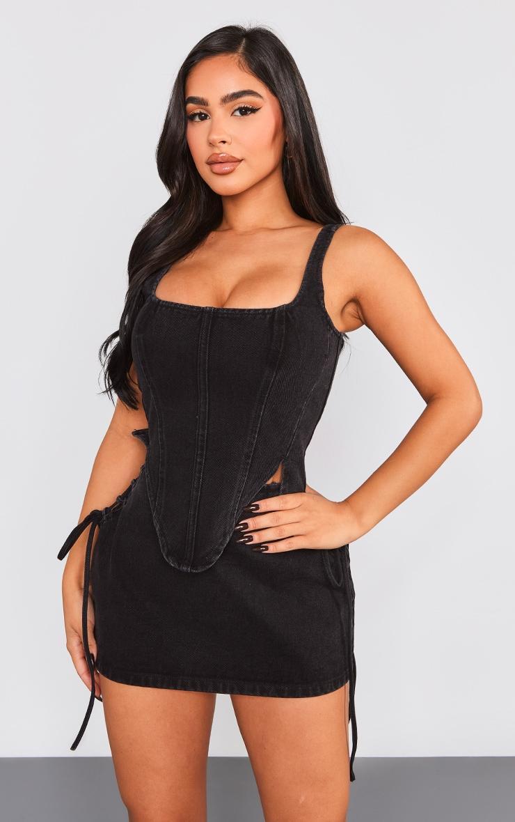 Petite Washed Black Denim Lace Up Corset Top Product Image