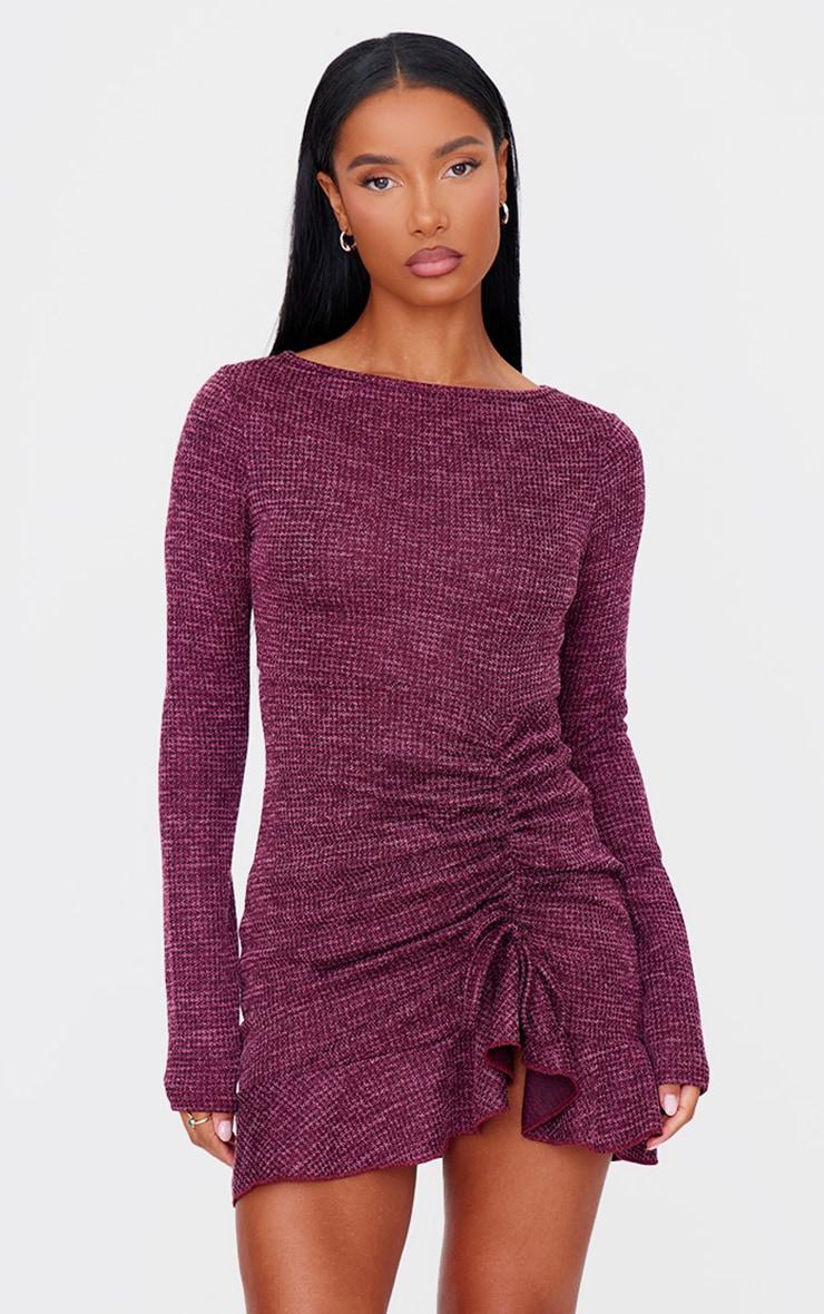 Burgundy Textured Long Sleeve Ruched Detail Shift Dress Product Image