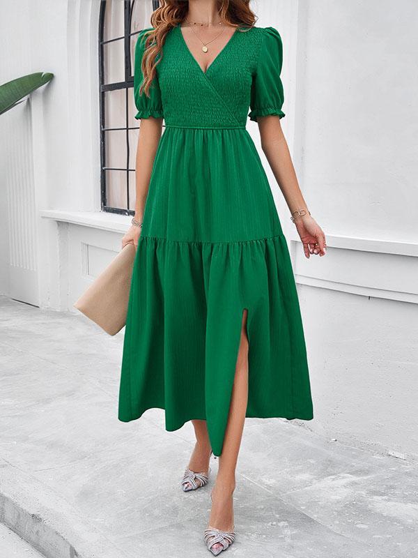 A-Line High Waisted Elasticity Pleated Solid Color Split-Joint V-Neck Midi Dresses Product Image
