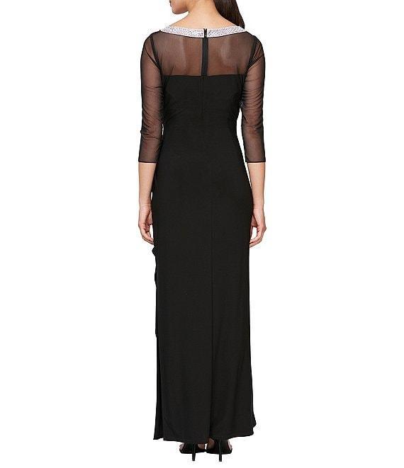 Alex Evenings Illusion Mesh 3/4 Sleeve Round Neck Side Slit Ruched Gown Product Image