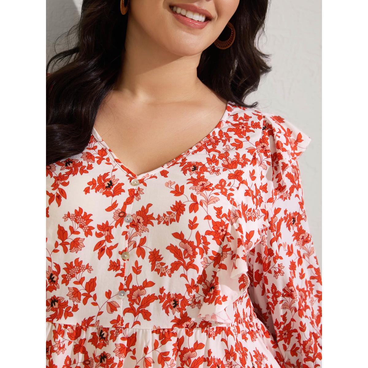 Plus Size Multicolor Sunkissed Florals Ruffled Trim Blouse Women Elbow-length sleeve V-neck Vacation Blouses BloomChic 28/5X Product Image